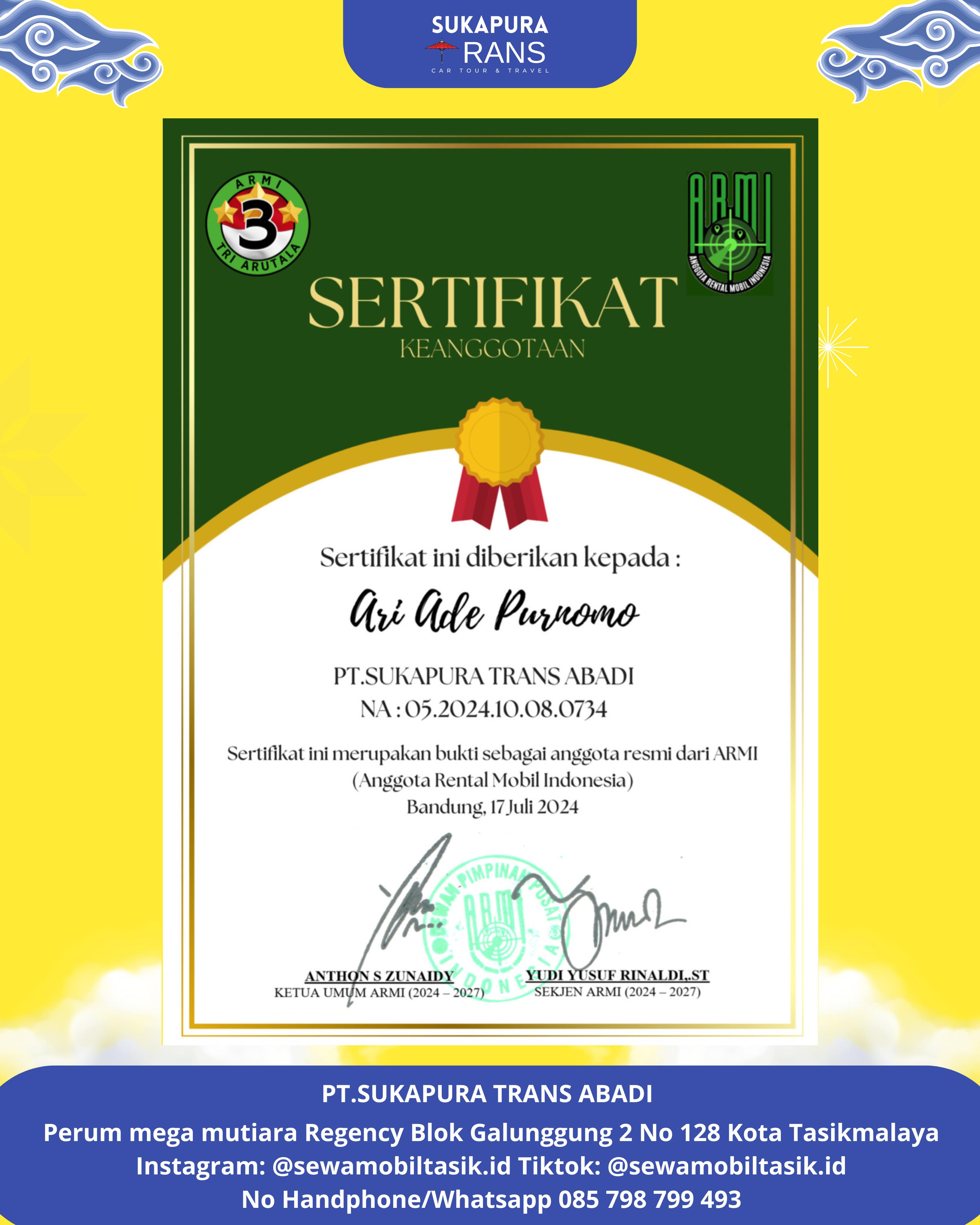 Sertifikat Asosiasi Rental Mobil Indonesia Sewa Mobil Tasikmalaya by Sukapura Trans