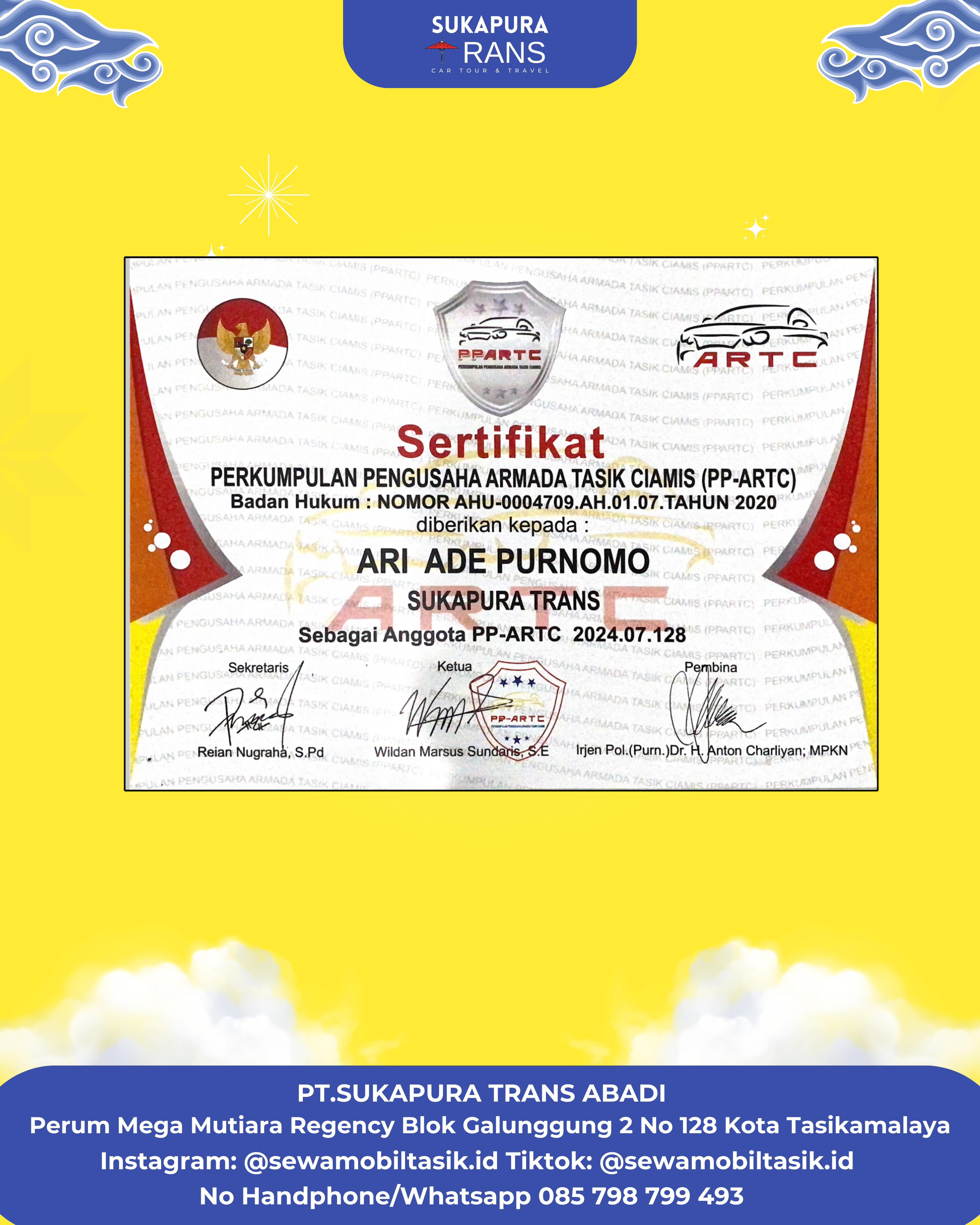 Sertifikat Perkumpulan Pengusaha Armada Tasik Ciamis (PP-ARTC) Sewa Mobil Tasikmalaya by Sukapura Trans