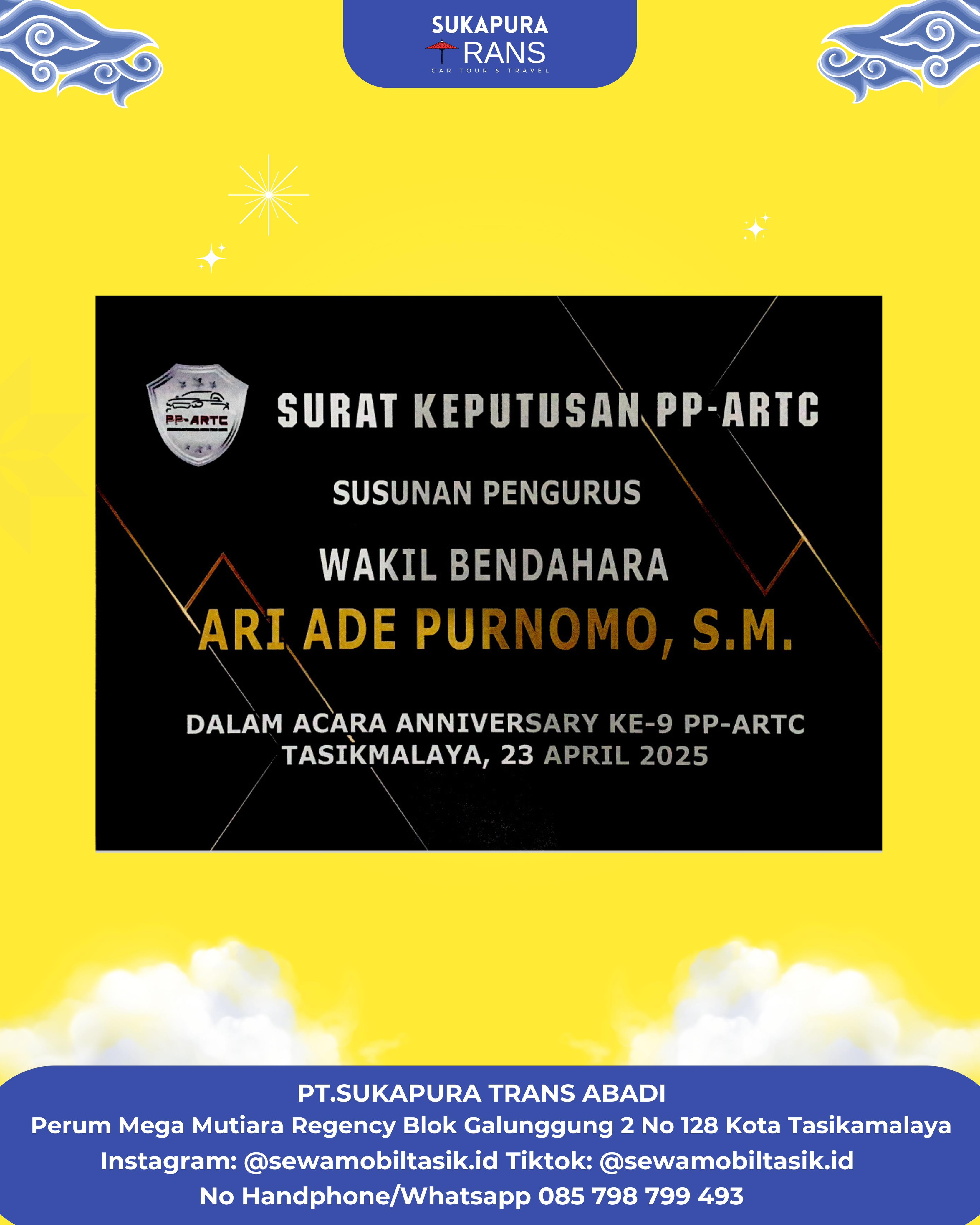 Sertifikat Kepengurusan Perkumpulan Pengusaha Armada Tasik Ciamis (PP-ARTC) Sewa Mobil Tasikmalaya by Sukapura Trans